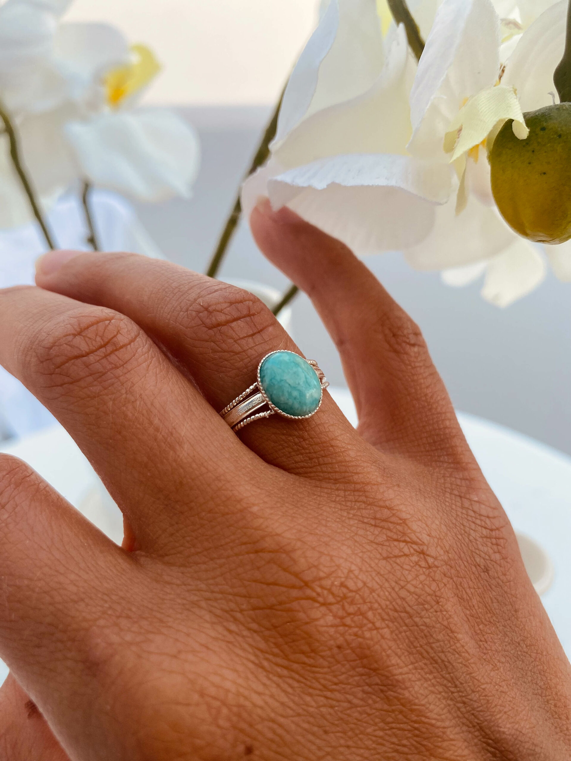 Bague serti argent doré pierre fine amazonite pierre de lune